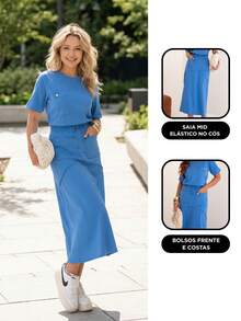 100% Cotton Mesh Skirt Set With Elastic Waist Lining Short Sleeve Women's Fashion Stylish Modern T-Shirt Adjustable Evangelical Fashion - 藍色 - 查看 4