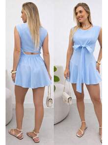 Women's Tailored Jumpsuit Dress, Elegant, Fluffy, Asymmetrical Knot, Cutout/Cut-Out, Evening Dress With Tie Detail - 淺藍色 - 查看 1