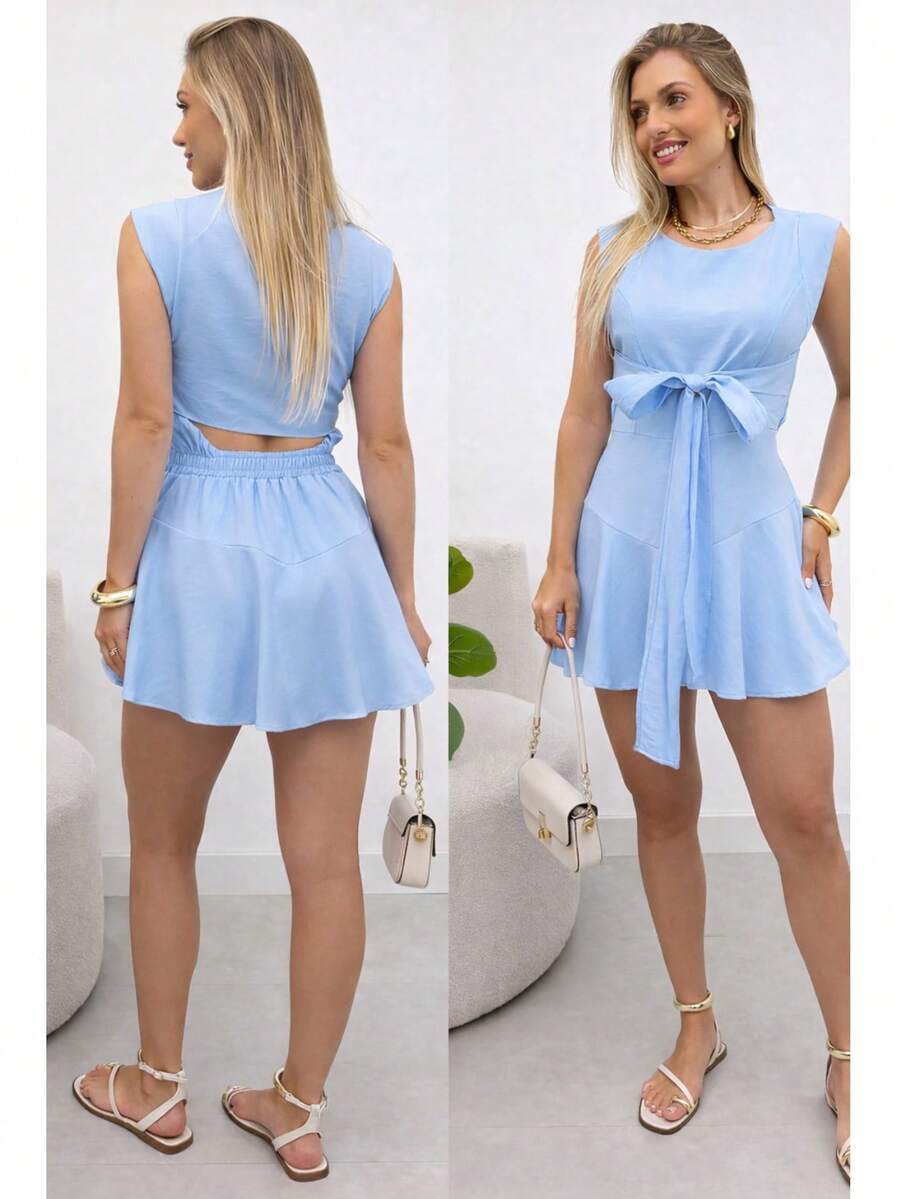 Women's Tailored Jumpsuit Dress, Elegant, Fluffy, Asymmetrical Knot, Cutout/Cut-Out, Evening Dress With Tie Detail - 淺藍色 - 查看 1
