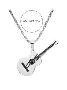 1pc Men's Guitar Pendant Necklace, Titanium Steel Chain, Creative Music Gift Accessory - View 3