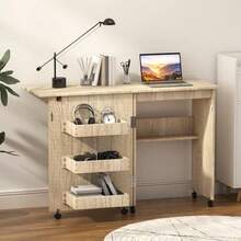 Mesa para Maquina de Coser Plegable Multifuncional Mesa de Trabajo Plegable Portatil con 3 Bandejas de Almacenamiento Ruedas Bloqueables y Estantes Blanco - Beis - Ver 7