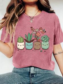 Women's Summer Clothing Plant Nature Cute Cartoon Potted Plant Print Round Neck One-Piece Summer Short Sleeve T-Shirt Comfortable Soft Fashion Elegant Retro Casual Versatile Spring Summer Autumn Winter Sports Style Top Multiple Colors Available S-XXL - 草綠色 - 查看 9