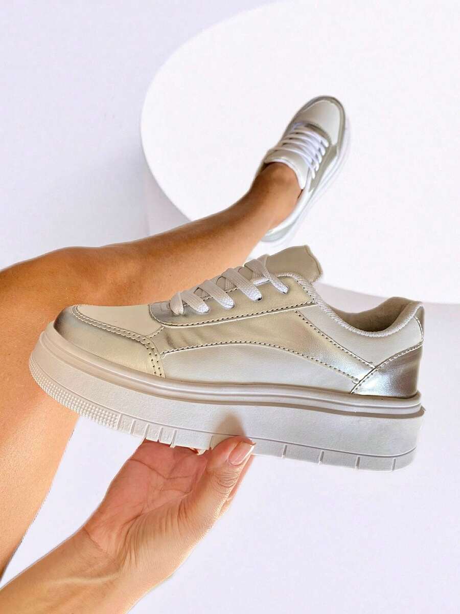Women's Casual Flatform Sneakers - Comfortable For Everyday Use, Gym, And Casual Wear - Bạc - Xem 1