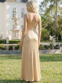 EVERPRETTY Nuovo elegante abito da damigella d'onore color champagne ad alto lucido, abito da cerimonia in tessuto di raso con design schiena scoperta, abito da sera attillato con spacco alto e decorazione fai-da-te con nastro, adatto per matrimoni, feste di vacanza, cene formali, celebrazioni di compleanno e altro ancora - Champagne - Visualizzare 3