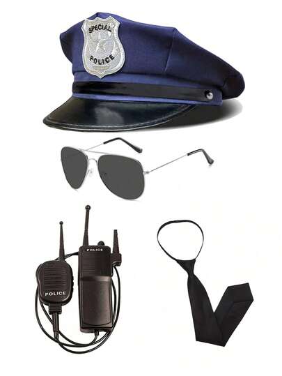 Men's Hat Accessory Set - Includes Hat, Tie, Walkie-Talkie, Handcuffs, Cosplay Props. Suitable For Parties, Holidays, Daily Wear, Halloween, Valentine's Day, New Arrival