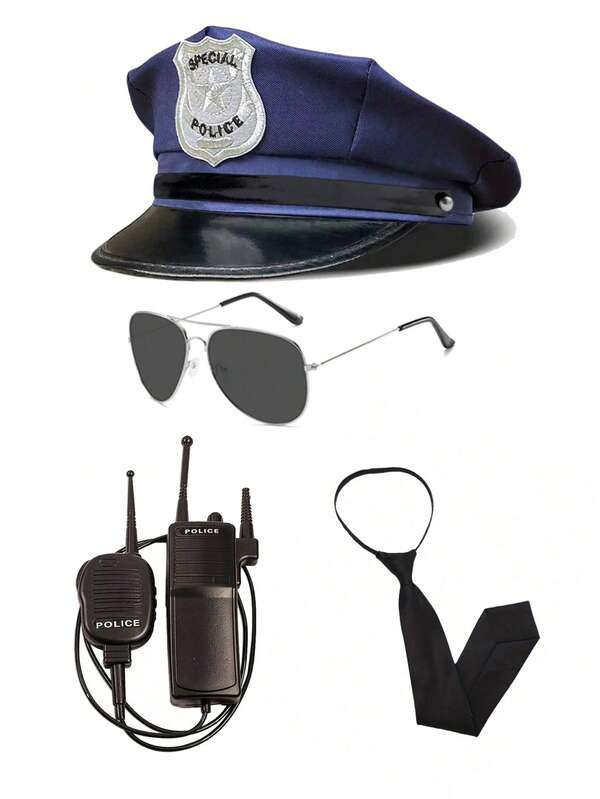 Men's Hat Accessory Set - Includes Hat, Tie, Walkie-Talkie, Handcuffs, Cosplay Props. Suitable For Parties, Holidays, Daily Wear, Halloween, Valentine's Day, New Arrival