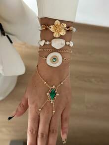 Set de 4 piezas de pulseras apilables, pulsera de dedo con cristal verde ojo del diablo - Multicolor - Ver 4