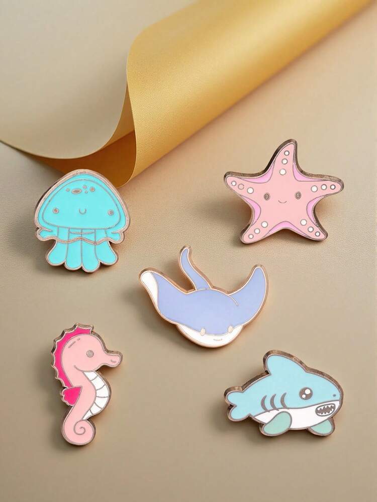 5件海洋系列合金动物胸针，创意卡通可爱章鱼和海星造型装饰配件，可用于衣服、背包、衣领等。 - 彩色 - 查看 5