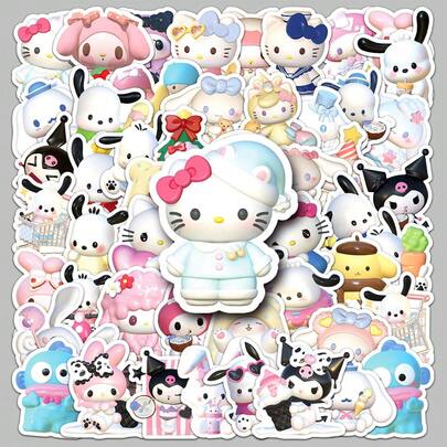  50 piezas de pegatinas 3D de Sanrio - Dibujos animados lindos de Hello Kitty/My Melody y Mochi - Resistentes al agua para fundas de teléfono