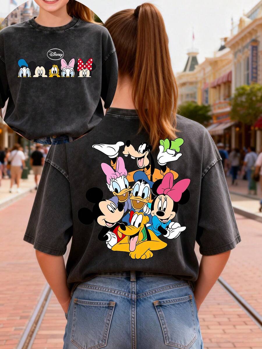 This Disney Women's T-Shirt Features A Creative Double-Sided Print Of Mickey Mouse And His Friends. It's A Spring/Summer Style Crew Neck Retro Washed Cotton T-Shirt, Made Of Soft And Comfortable Pure Cotton Fabric, Suitable For Everyday Wear, Shopping, Travel, And Casual Occasions. It Also Makes A Wonderful Gift. - 黑色 - 查看 1