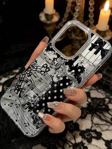 Goth 1pc Cross & Music Aesthetic Pattern Feather Decor Phone Case, Compatible With IPhone 16/16Pro/16Plus/16ProMax, 11/11ProMax, 12/12Pro/12ProMax, 13/13Pro/13ProMax, 14/14Plus/14Pro/14ProMax, 15/15Pro/15Plus/15ProMax - Multicolor - View 4