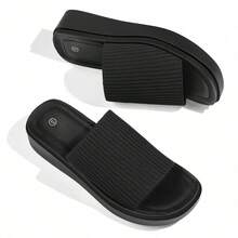 Women's Chunky Platform Sandals Slip On – Open Toe Knit Flatform Slides Comfortable Summer Casual Shoes - 黑色 - 查看 9