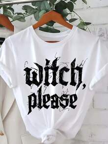 Halloween-T-Shirt mit Hexenmotiv, kurze Ärmel, Rundhalsausschnitt, lässiger Stil für Sommer und Frühling, Damenbekleidung - Weiss - Übersicht 1