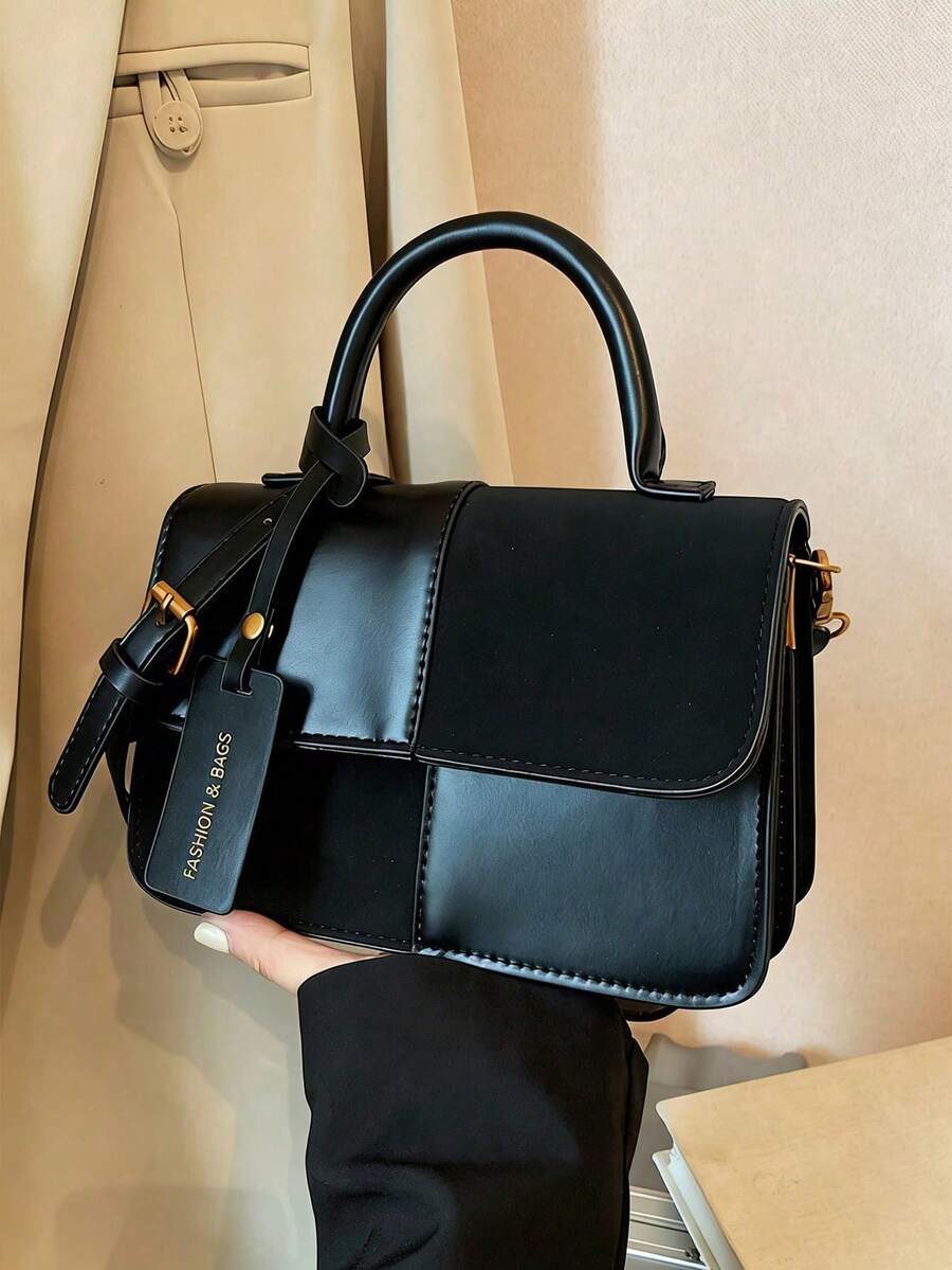 Women's Square Handbag With Dual-Color Plaid Patchwork Design, Fashionable, Elegant, Minimalist, Crossbody, Black - 黑色 - 查看 1