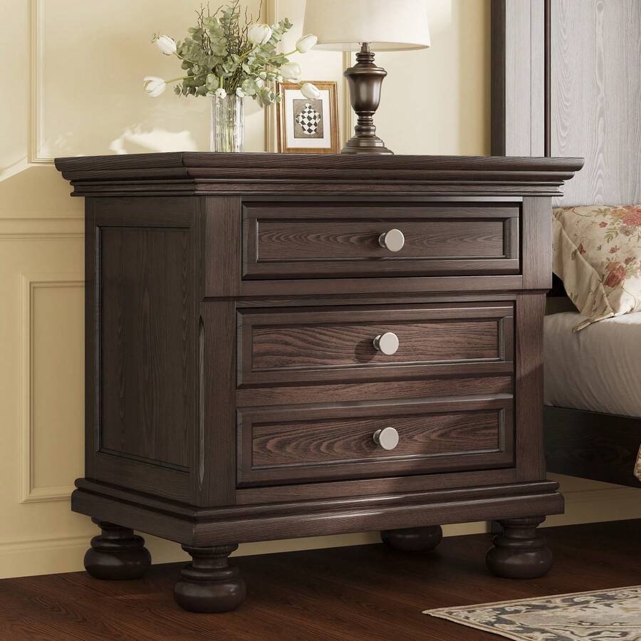 Fully Assembled Solid Wood Nightstand With 2 Storage Drawers, 26" Extra Large Traditional Bedside Cabinet For Bedroom - Dark Brown - View 1