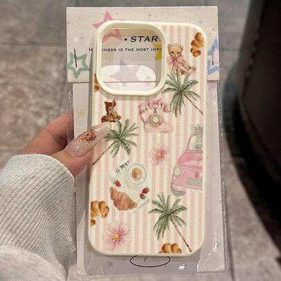 1pc TPU Material Cute Pink Striped Coconut Tree Bow Croissant Pattern Phone Case Compatible With IPhone 17 Pro Max/17/16 Pro Max/15/13/12/11, S20 FE/A15/S24/A55, Note 11/Note 12/Note 13 Pro, Full Coverage Anti-Drop Soft Protective Phone Cover