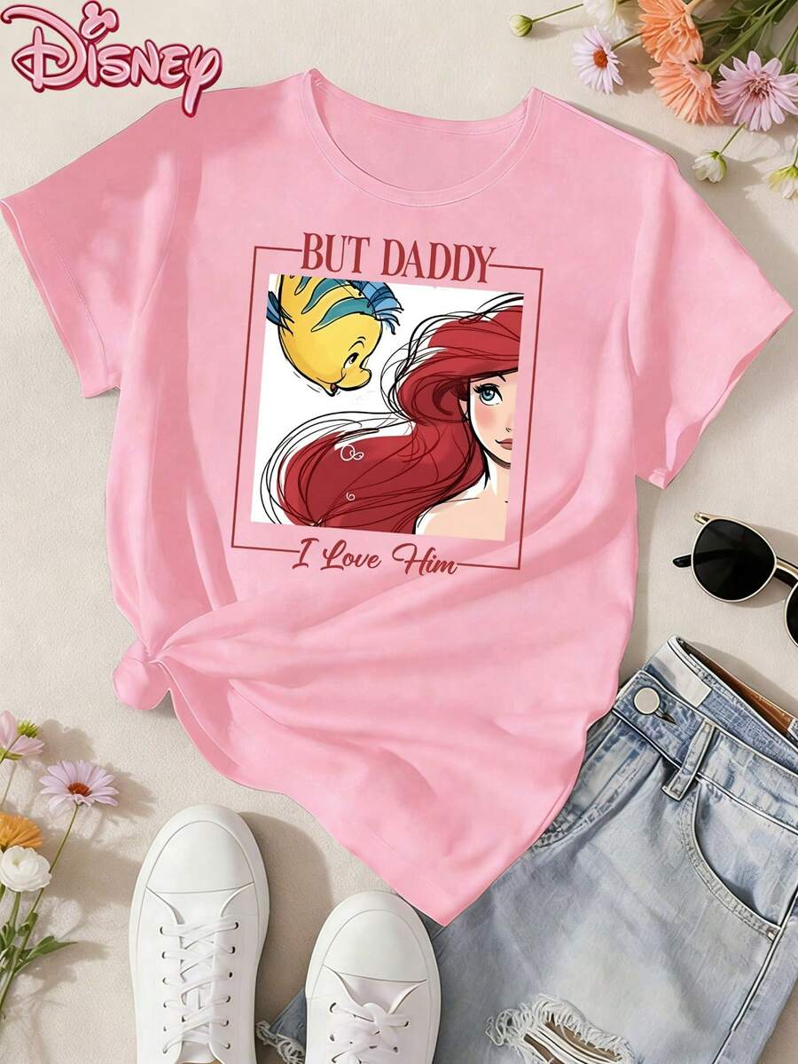 Disney T-Shirt,Disney Ladies T-Shirt Featuring Classic Disney Ariel Princesses Lettered Patterns, Made Of Soft, Comfortable And Durable Fabric. A Spring/Summer Round-Neck Short-Sleeved T-Shirt, Suitable For Daily Wear, Shopping, Traveling,St. Patrick's Day And Party Outfits. Also A Wonderful Gift,Multiple Colors Are Available For Selection. - 粉色 - 查看 1