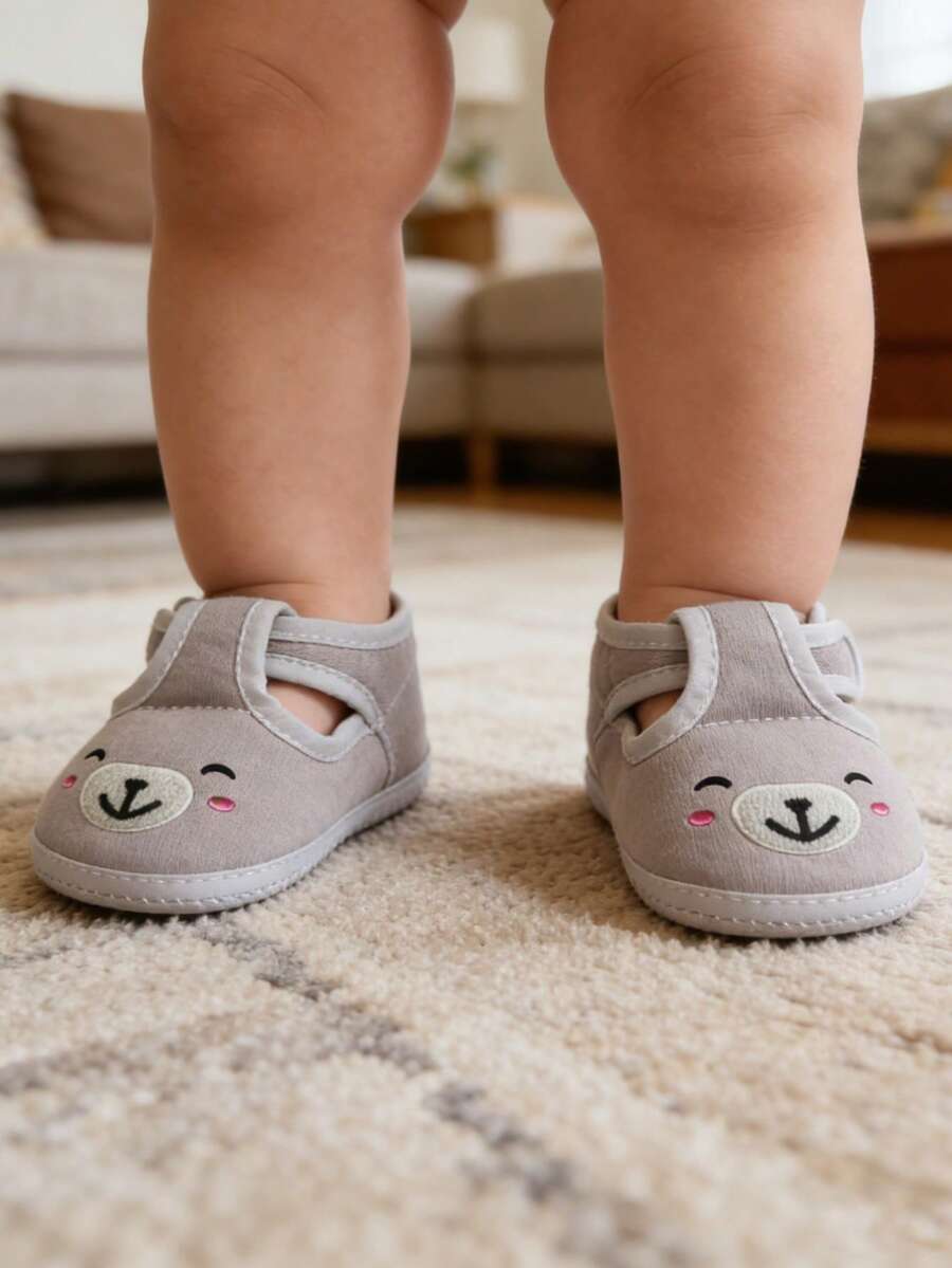 1双新生儿男女宝宝卡通熊刺绣防滑柔软可爱学步鞋 - 灰色 - 查看 1
