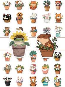 50pcs Potted Animal Stickers Cute Cartoon Aesthetic For Journal, Phone Case, Tablet, Water Bottle, Desk, Luggage, Waterproof Decals - متعدد الألوان - مشاهدة 1