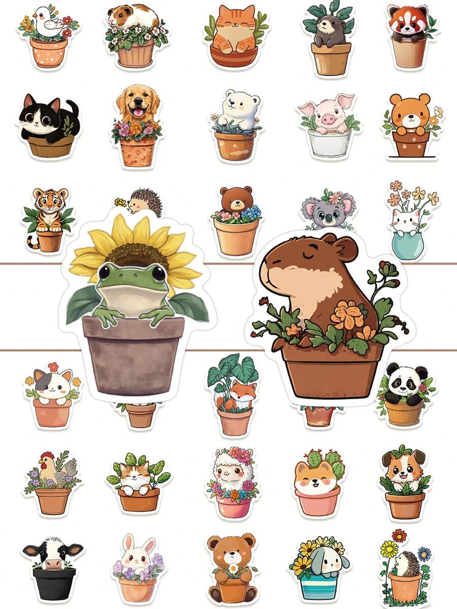 50pcs Potted Animal Stickers Cute Cartoon Aesthetic For Journal, Phone Case, Tablet, Water Bottle, Desk, Luggage, Waterproof Decals - متعدد الألوان - مشاهدة 1