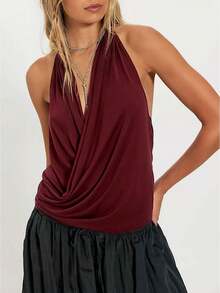 Women's Halter Open Back Draped Cowl Neck Tops Sleeveless Going Out Y2k Party Tank Top Clubwear - Màu Đỏ Sâu - Xem 1