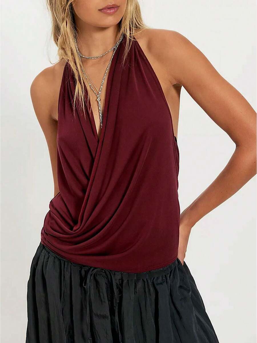 Women's Halter Open Back Draped Cowl Neck Tops Sleeveless Going Out Y2k Party Tank Top Clubwear - Màu Đỏ Sâu - Xem 1