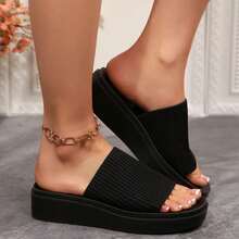 Women's Chunky Platform Sandals Slip On – Open Toe Knit Flatform Slides Comfortable Summer Casual Shoes - 黑色 - 查看 6