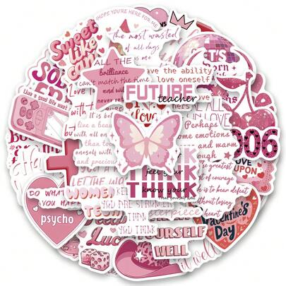 50 Pcs Pink Romantic Quotes Vinyl Stickers, Beautiful And Practical, Suitable For Scrapbooks, Diaries, Bumpers, Skateboards, Water Bottles, Helmets, Water Cups, Car Stickers, Etc.