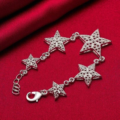 سوار فضة عيار 925 مطلي بطبقة من الفضة بتصميم ستة نجوم للنساء، مجوهرات للحفلات والخطوبة والزفاف