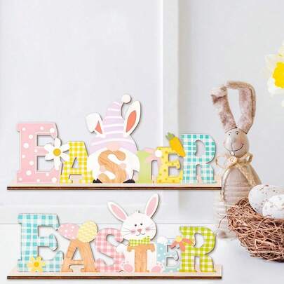 Easter Wooden Tabletop Ornament, Easter Party Table Decorations, Cute Bunny And Dwarf Wooden Letter Ornaments, Colorful Letter Table Decorations, Easter Egg Bunnies, Suitable For Holiday Party Home Table Decorations, Kitchen And Dining Room Table Decorations