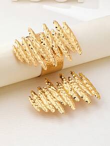 2件套褶皱水波纹夸张手链戒指套装，个性化大号款，时尚街头风派对饰品 - 金黃色 - 查看 4