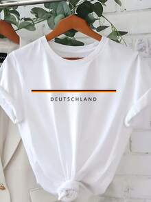 1pc Women'S Germany Flag Letter Print T-Shirt, Polyester 95% Elastane 5% Knit Fabric, Casual Crew Neck Short Sleeve Top For All Seasons - Trắng 1 - Xem 7