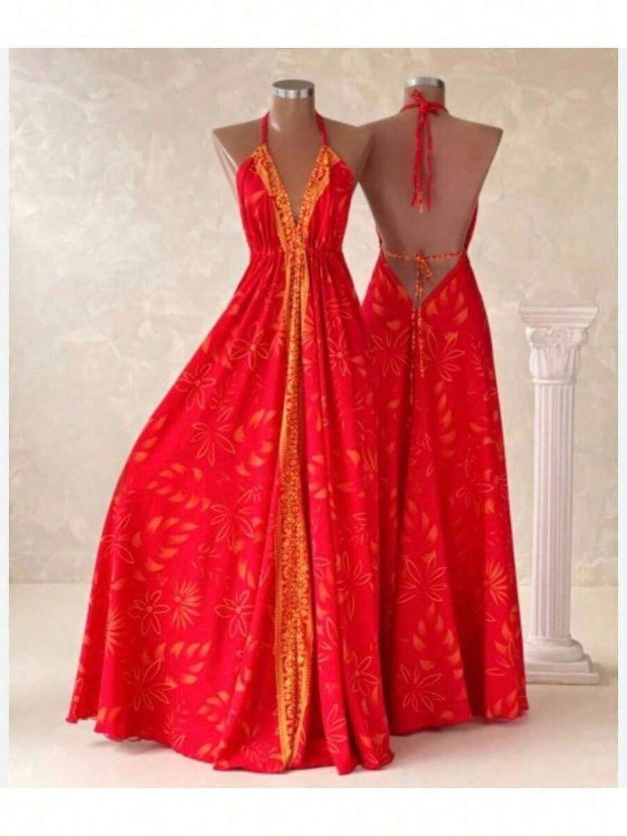 Elegant White Long Dress For Women, Long Silk Print. - 鮮紅色 - 查看 1