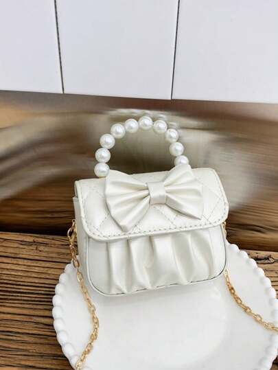 1 pieza Bolso de embrague de piel sintética acolchada de color blanco lechoso con asa de perla con lazo, cierre magnético y correa ajustable, estilo elegante de señora para salidas