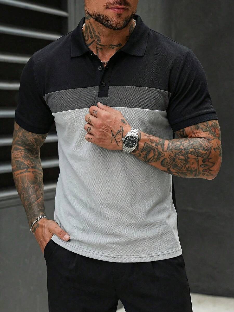 Simple Studio | New Summer Men's Colorblock Splice Element Casual Short Sleeve T-Shirt | Suitable For Summer Wear | Comfortable & Breathable | Leading Fashion - Grey - View 1
