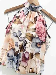 Stylish Women's Floral High Neck Blouse - 紅白色 - 查看 2