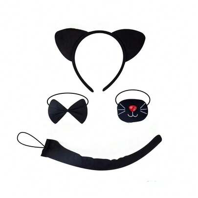 Set de 1/3/4 piezas de diadema con orejas de gato, incluye diadema con orejas de gato, cola de gato, nariz de gato y corbata de moño, adecuado para estudiantes, damas, disfraz de Halloween, accesorios para actuaciones