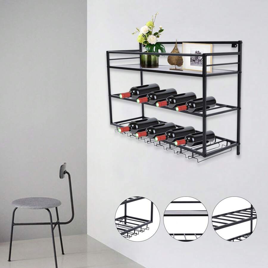 Wine Rack & Wine Glass Rack - Black - View 1