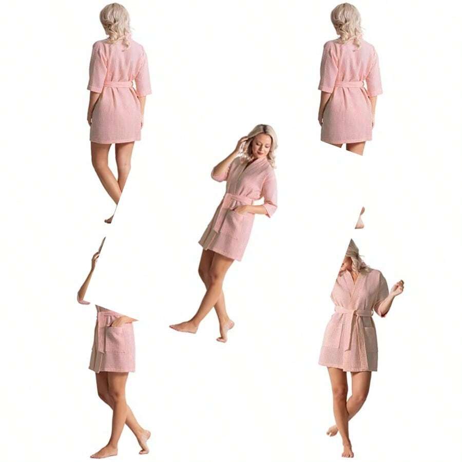 Women's Knee Length Waffle Weave Kimono Batobe Short Spa Robes - Melocotón - Ver 1