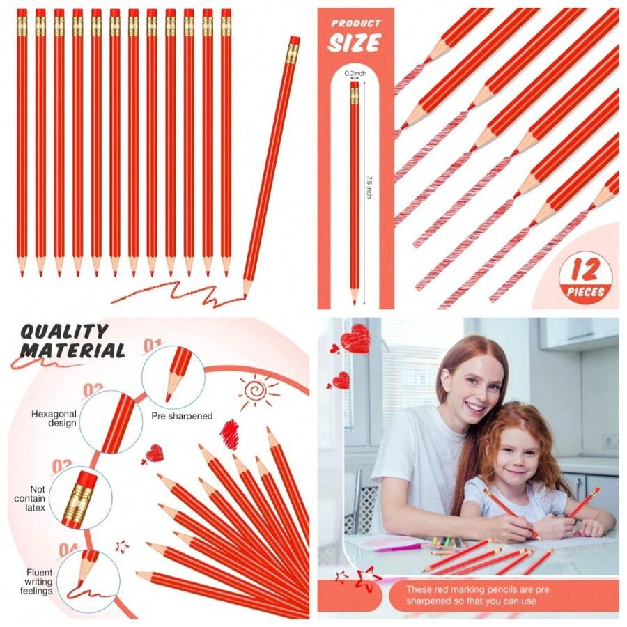 Pre-Sharpened HB Erasable Wooden Pencils With Eraser For Writing Drawing And Checking 12-Pack Red - 1 - View 1