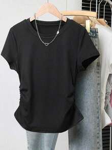 A Simple Solid-Color Short-Sleeved T-Shirt Set For Women, Suitable For Daily Wear And Easy To Match With Various Outfits. Includes 1 Piece - 多色 3 - 查看 6