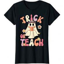 Trick Or Teach Spooky Teacher Life Halloween T-Shirt,Wonderful Halloween Trick Or Teach Flower Ghost Retro Ladies' Crewneck T-Shirt - 黑色 - 查看 1