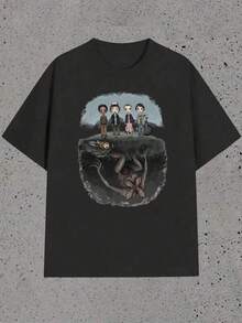 T-shirt stylé pour filles, haut décontracté avec des motifs de personnages et de monstres, vêtement d'Halloween lavable en machine, t-shirt de sport décontracté à manches courtes pour adolescents, cadeau pour les fans de Mike, Lucas, Eleven, Dustin, Demodogs, Hawkins. - Noir - Voir 1