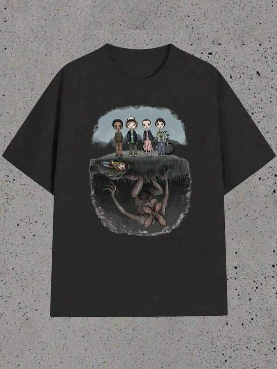 T-shirt stylé pour filles, haut décontracté avec des motifs de personnages et de monstres, vêtement d'Halloween lavable en machine, t-shirt de sport décontracté à manches courtes pour adolescents, cadeau pour les fans de Mike, Lucas, Eleven, Dustin, Demodogs, Hawkins. - Noir - Voir 1
