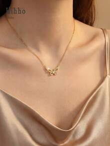 Hihho 2pcs Gold Double-Layer Zirconia Stone Necklace Set, Luxury Layered Choker Necklace With Flower/Butterfly Pendant, Sparkling Necklace Shining Like Blooming Flowers And Dancing Butterflies - Necklace Set - View 5