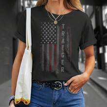 Traeger Family American-Shirt Cotton Black Printed Short Sleeve-Shirt, Vintage Street Style Casual Versatile Top Tee. - Black - View 2