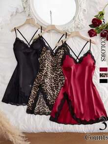 Women Sleep Dresses 3pcs Slit Contrast Lace Pajama Set Lace Up V Neck Backless Sexy Dress Elegant Nightdress Loungewear Lace Nightgown Sexy Pajamas Home Loungewear Bedtime Wear Backless Sleepwear V Neck Pajamas Sexy Sleepwear Contrast Lace Detail Hand Wash Care Feminine Stitching - 彩色 - 查看 2