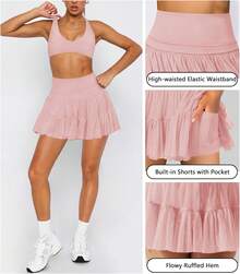 Women's Mini Skirt Skort Flowy Pleated High Waisted Ruffle Tennis Skirts For Women Athletic Skater Golf With Shorts Pockets - 粉色 - 查看 4