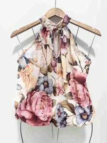 Stylish Women's Floral High Neck Blouse - 紅白色 - 查看 3