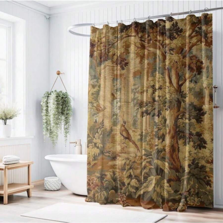 French Verdure Shower Curtain,  Style Tapestry Reproduction, Vintage Bathroom Decor, Elegant Bath Curtain, Country Farmhouse Chic, Cottagecore Cute Bathroom Decor, Cabin Nature Bathroom Set With 12  Hooks, Apartment Essentials Bathroom Decor Room Decor Home Decor Dorm Essentials College Room Christmas Decoration,Easter, St.  Day - A - Xem 1